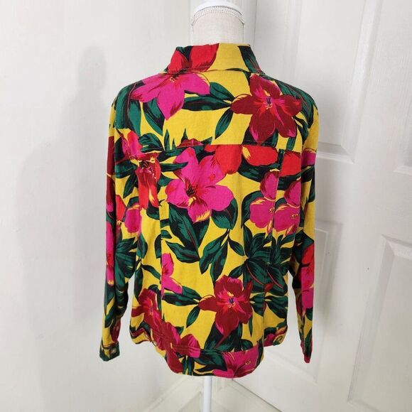 Tahari Jacket Womens 1X Yellow Pink Bright Floral Linen Resort Cruise Tropical - Picture 4 of 12